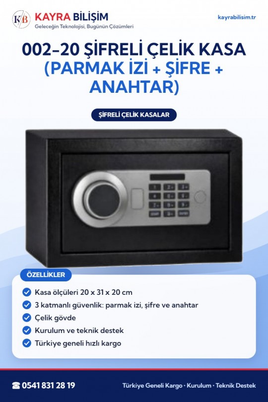 002-20 Şifreli Çelik Kasa (Parmak İzi + Şifre + Anahtar)