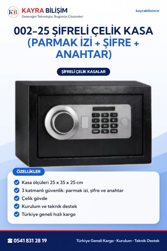 002-25 Şifreli Çelik Kasa (Parmak İzi + Şifre + Anahtar)