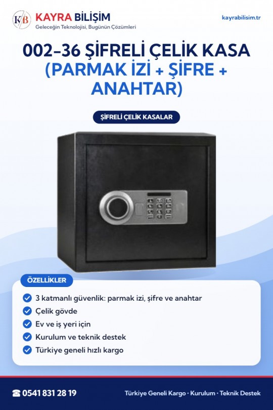 002-36 Şifreli Çelik Kasa (Parmak İzi + Şifre + Anahtar)