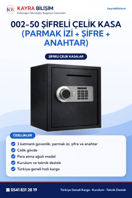 002-50 Şifreli Çelik Kasa (Parmak İzi + Şifre + Anahtar)