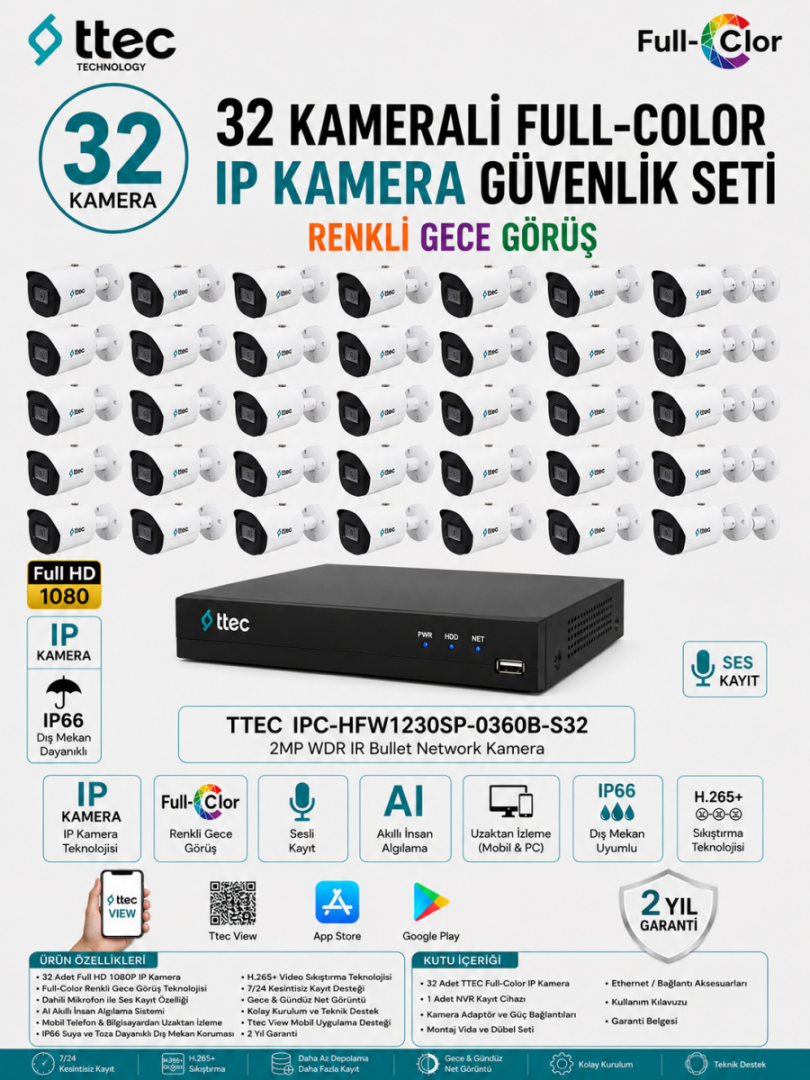 TTEC 32 Kameralı Full-Color IP Güvenlik Kamera Seti