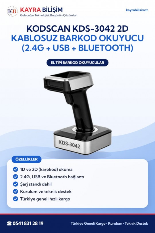 KodScan KDS-3042 2D Kablosuz Barkod Okuyucu (2.4G + USB + Bluetooth)