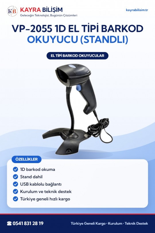 VP-2055 1D El Tipi Barkod Okuyucu (Standlı)