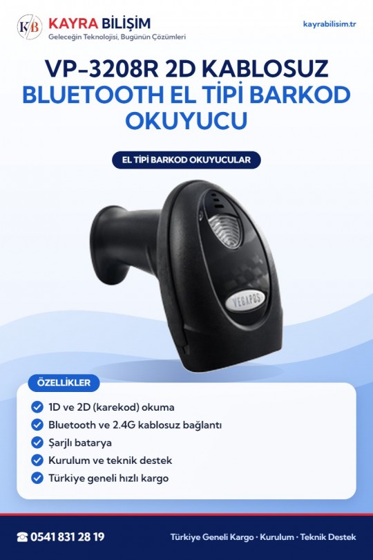 VP-3208R 2D Kablosuz Bluetooth El Tipi Barkod Okuyucu